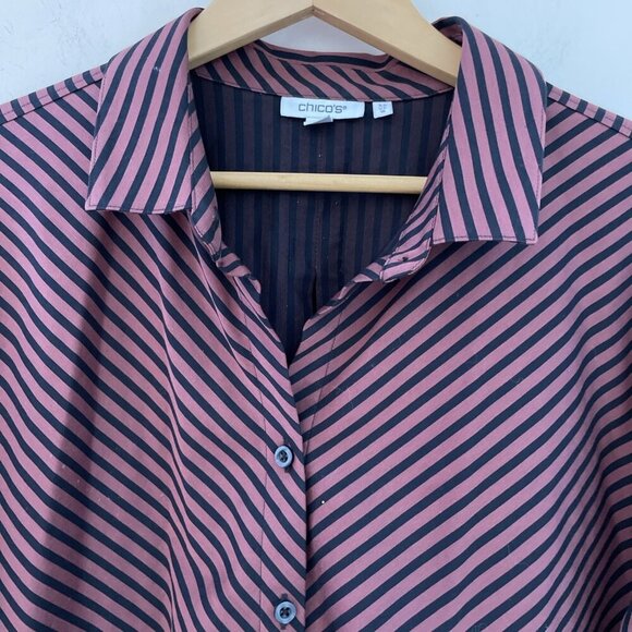 CHICO'S Imperial Stripe No Iron Tunic Blouse Women's 18 Sable Button Up Stretch - Picture 2 of 11